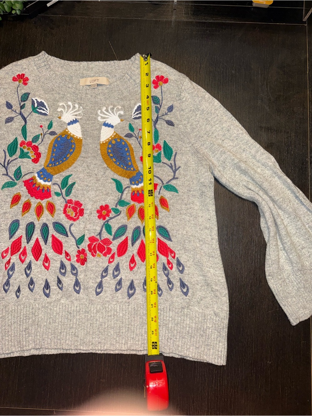 Loft Embroidered Floral Bird Peacock Art deco Sweater Wool Blend Bell Sleeves - Picture 6 of 9